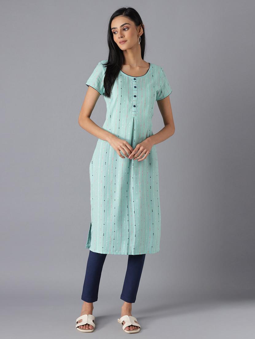 green cotton straight kurta - 18216446 - Zoom Image - 2