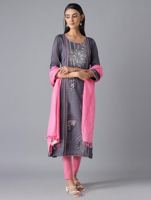 grey viscose straight kurta - 18216477 - Standard Image - 1