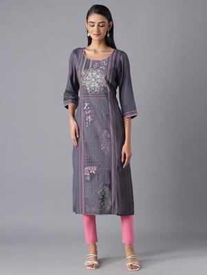 grey viscose straight kurta - 18216477 - Standard Image - 2