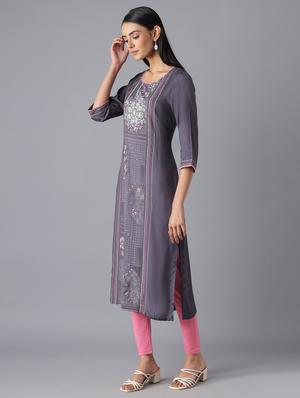 grey viscose straight kurta - 18216477 - Standard Image - 3