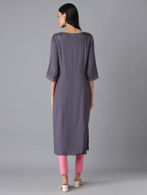 grey viscose straight kurta - 18216477 - Standard Image - 4