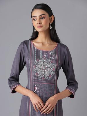 grey viscose straight kurta - 18216477 - Standard Image - 5