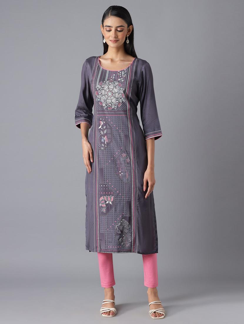 grey viscose straight kurta - 18216477 - Zoom Image - 2