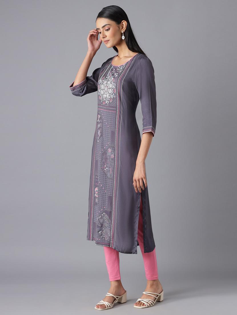 grey viscose straight kurta - 18216477 - Zoom Image - 3