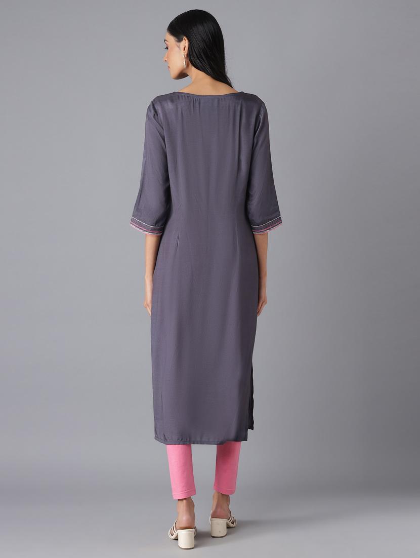 grey viscose straight kurta - 18216477 - Zoom Image - 4