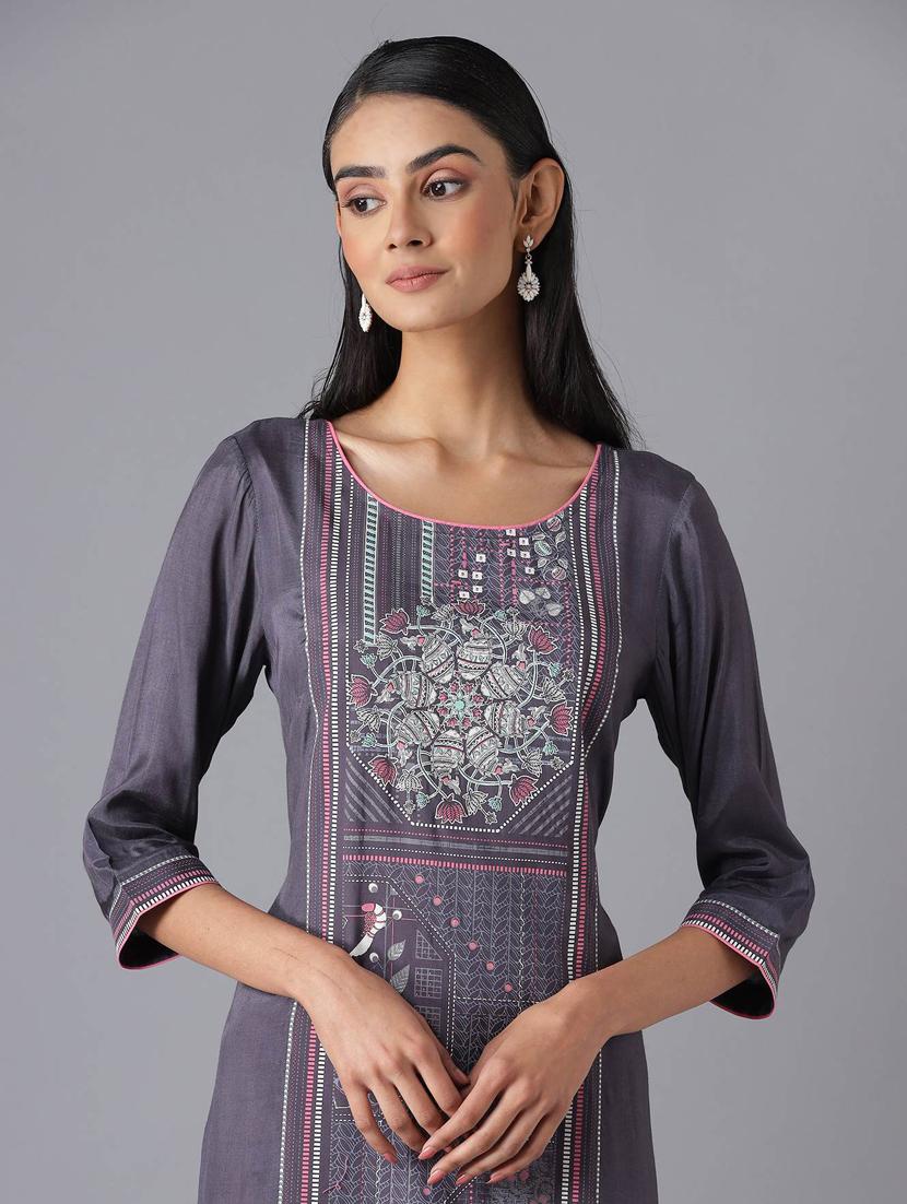 grey viscose straight kurta - 18216477 - Zoom Image - 5