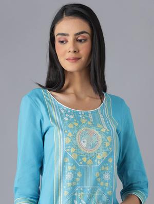 sky blue printed straight kurta - 18216478 - Standard Image - 5