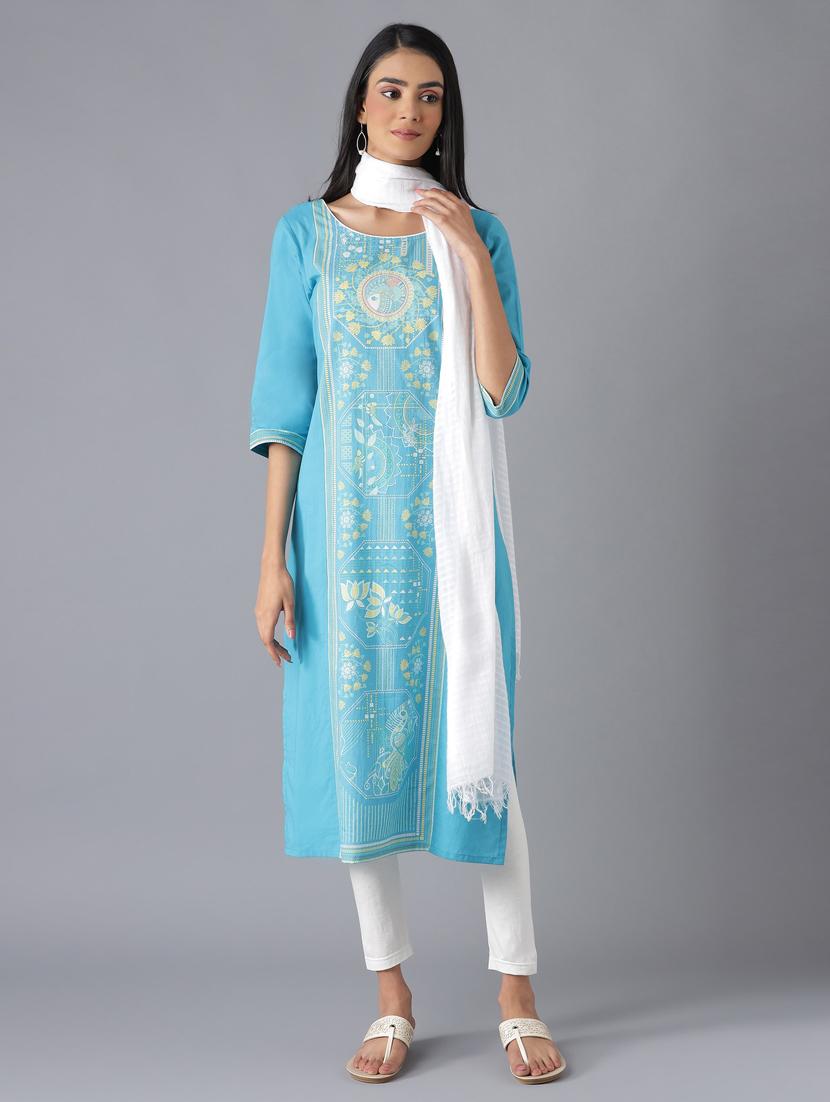 sky blue printed straight kurta - 18216478 - Zoom Image - 1