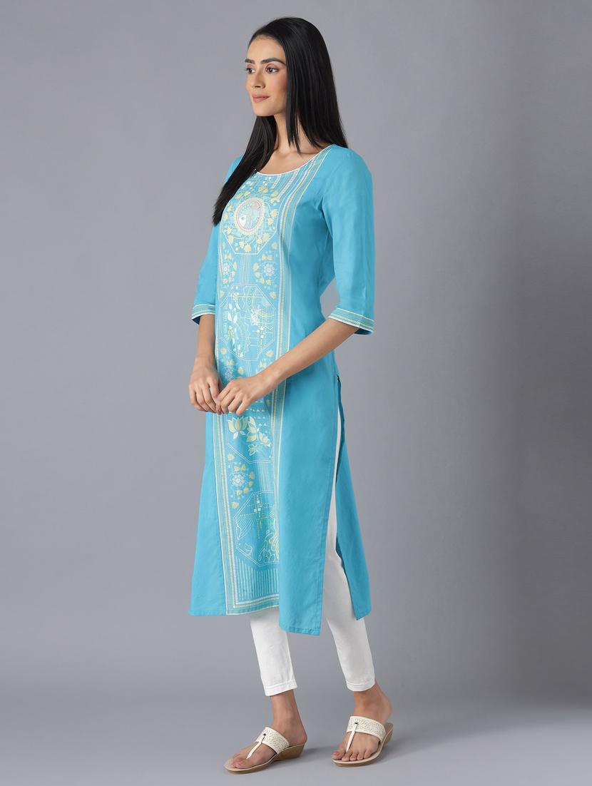 sky blue printed straight kurta - 18216478 - Zoom Image - 2