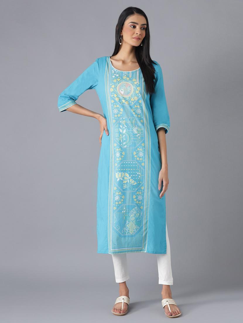 sky blue printed straight kurta - 18216478 - Zoom Image - 3