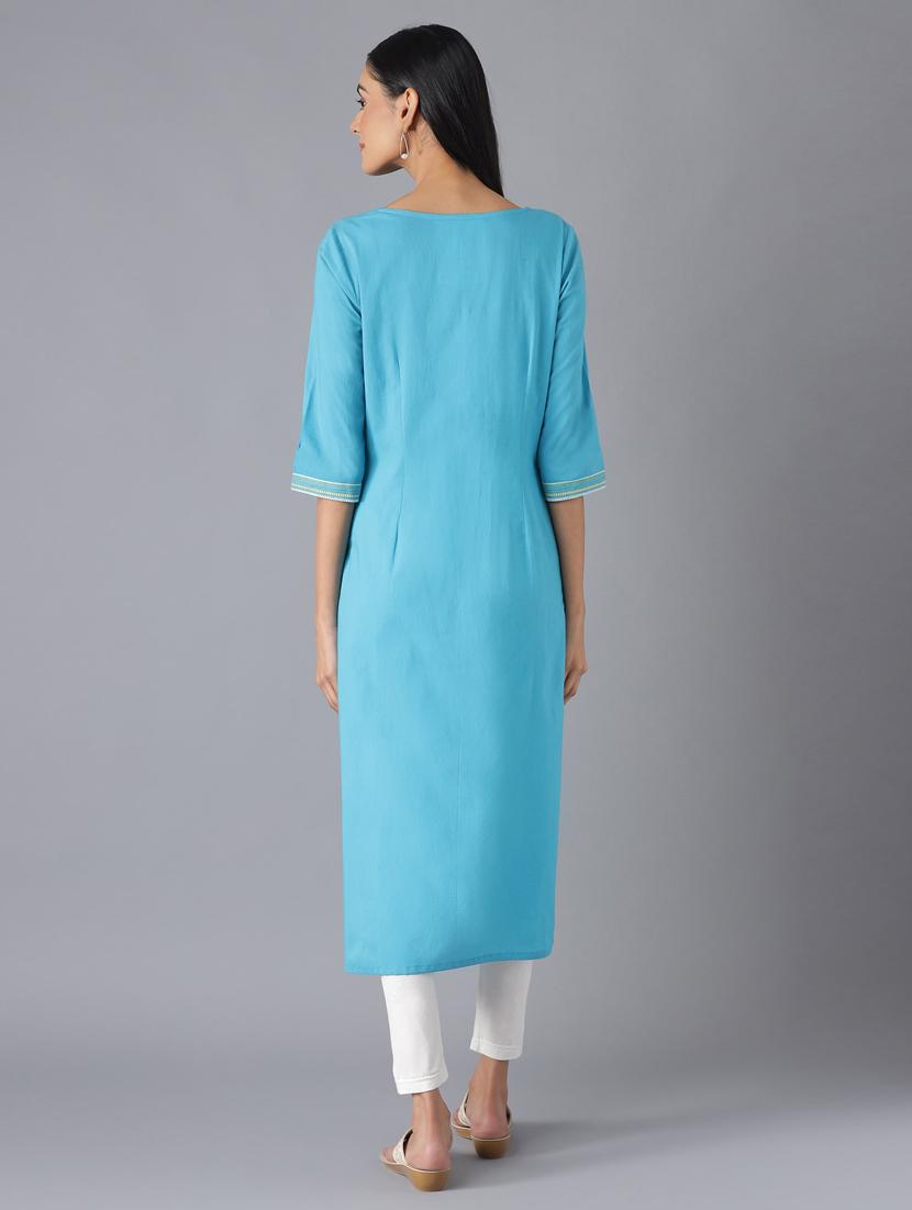 sky blue printed straight kurta - 18216478 - Zoom Image - 4