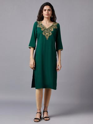 green viscose straight kurta - 18216501 - Standard Image - 3