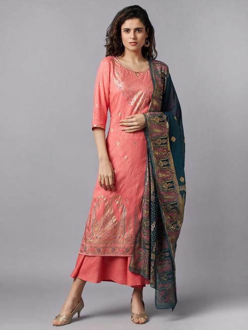 peach viscose cowl kurta bottom set - 18216943 - Standard Image - 1