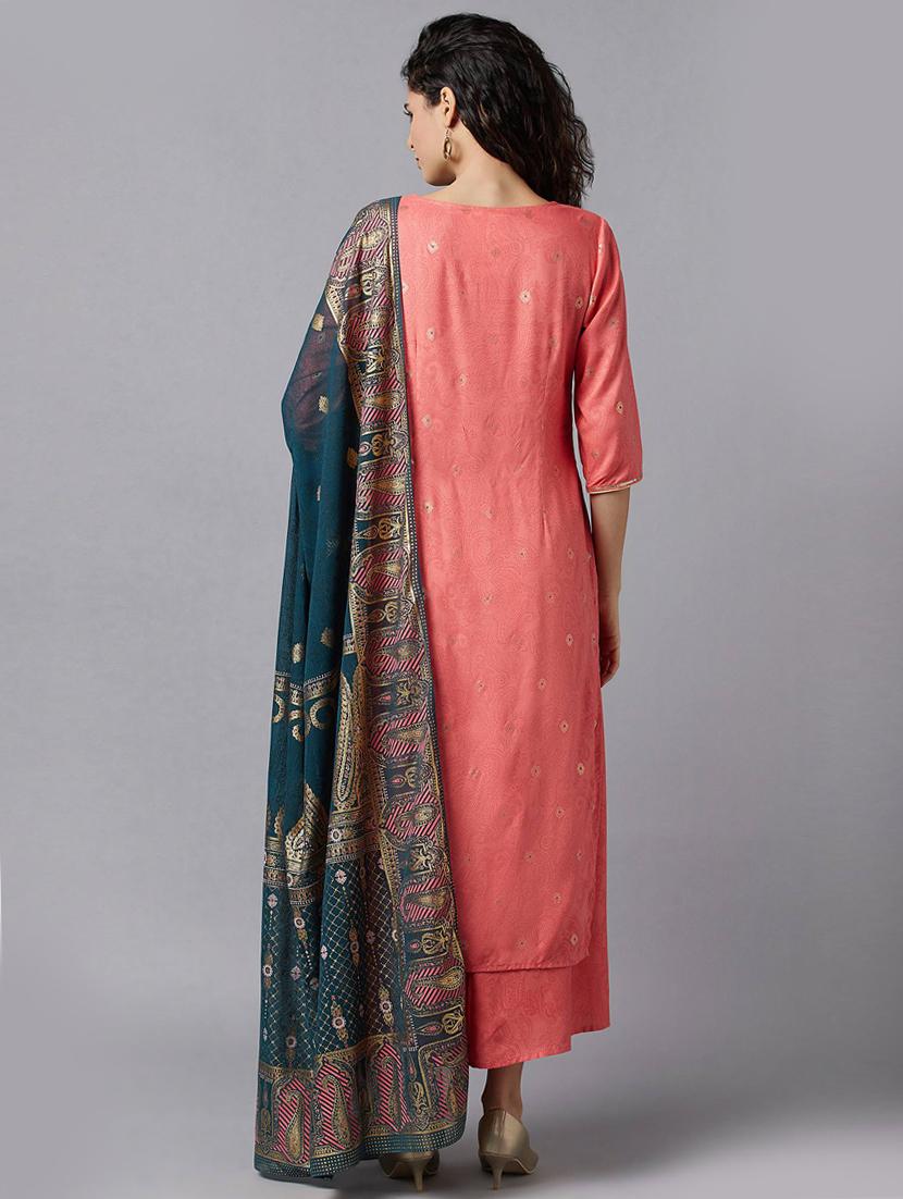 peach viscose cowl kurta bottom set - 18216943 - Zoom Image - 3