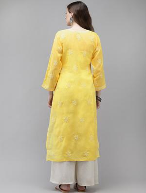 ada hand embroidered yellow cotton lucknow chikankari kurta - 18219621 - Standard Image - 4