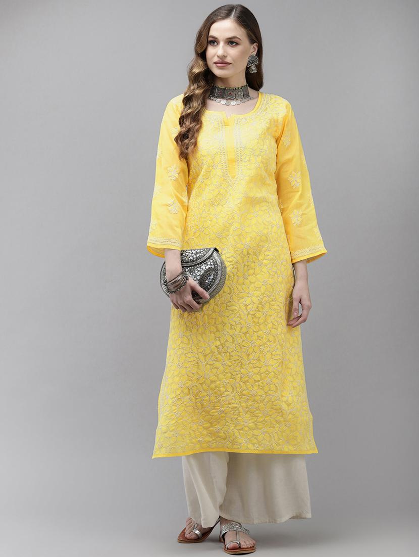 ada hand embroidered yellow cotton lucknow chikankari kurta - 18219621 - Zoom Image - 1