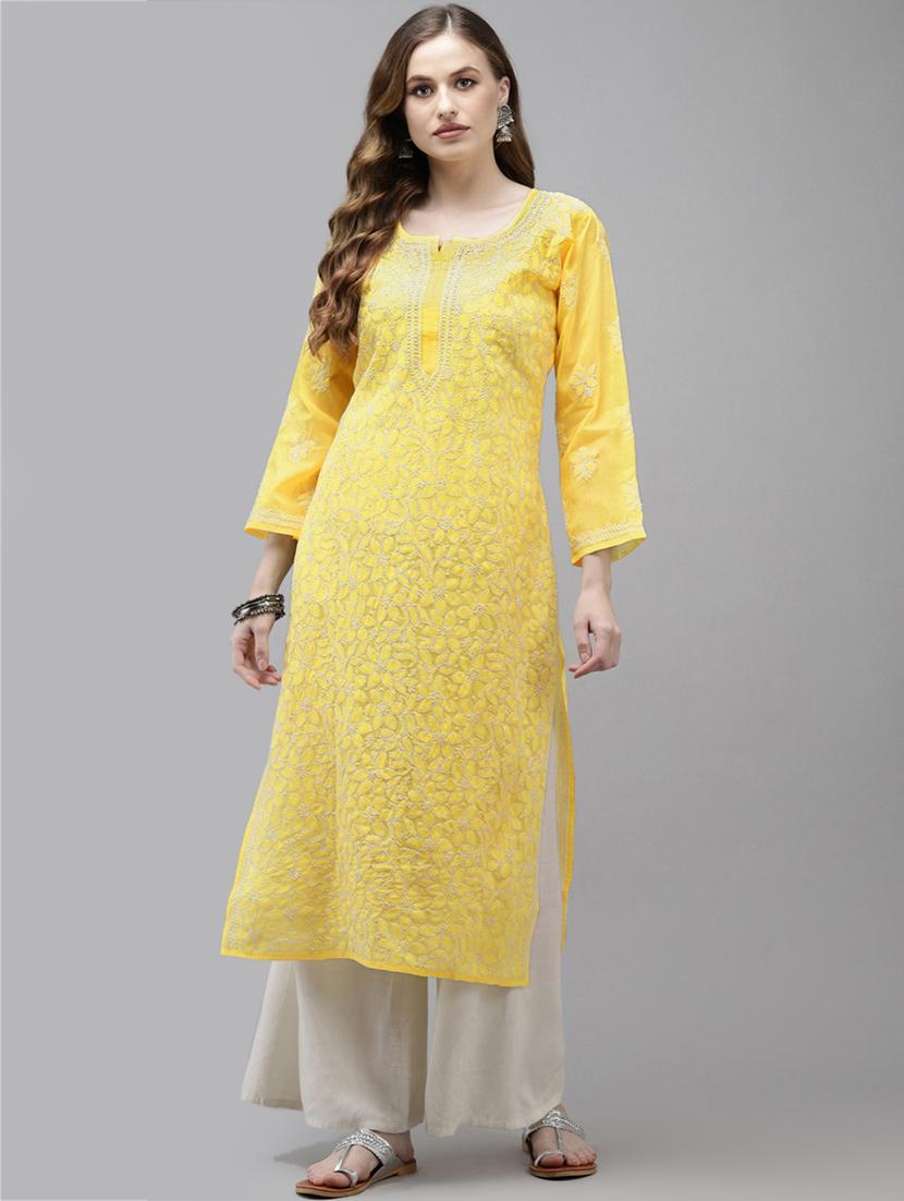 ada hand embroidered yellow cotton lucknow chikankari kurta - 18219621 - Zoom Image - 2
