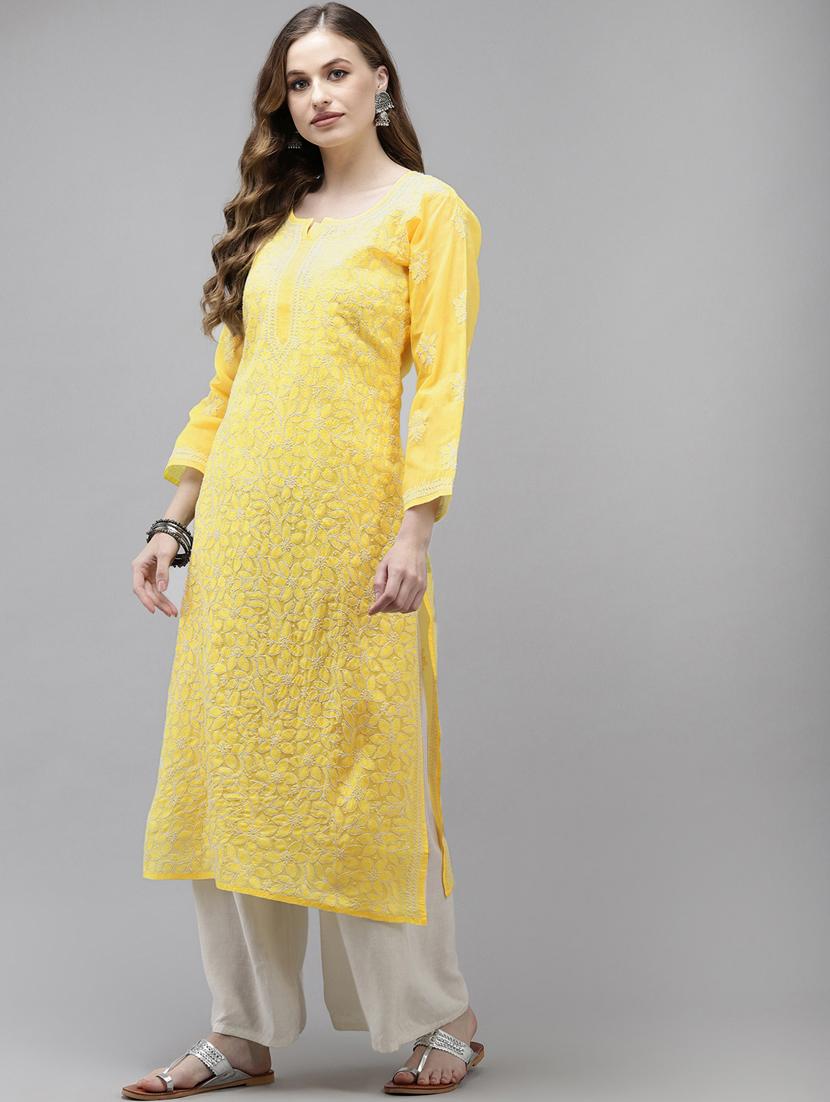 ada hand embroidered yellow cotton lucknow chikankari kurta - 18219621 - Zoom Image - 3