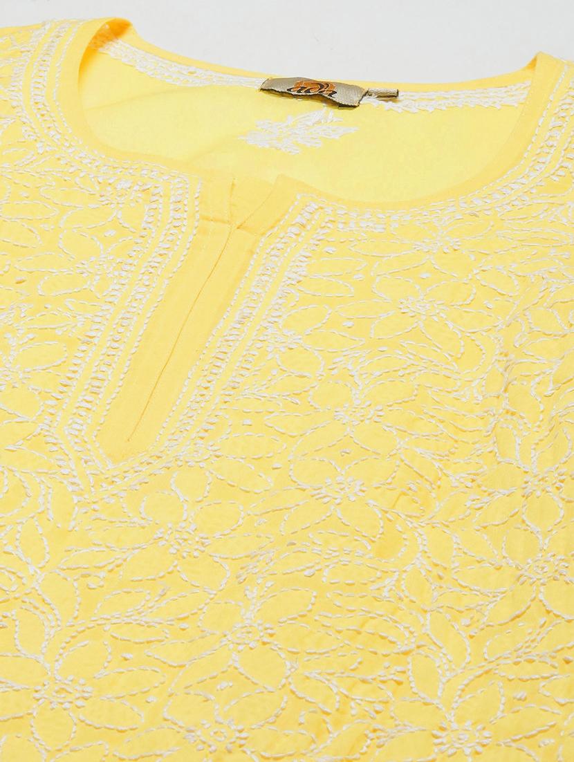 ada hand embroidered yellow cotton lucknow chikankari kurta - 18219621 - Zoom Image - 5