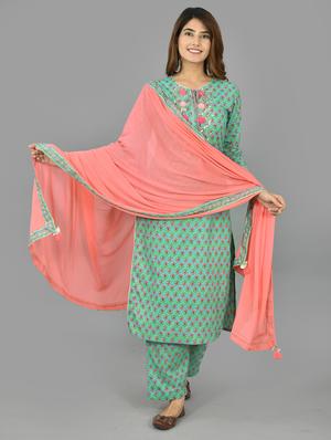 sea green printed kurta pant set with dupatta - 18221326 - Standard Image - 2