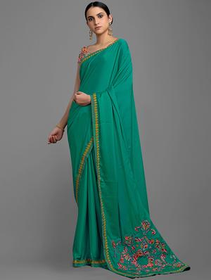 green georgette embroidered saree with blouse - 18221495 - Standard Image - 2