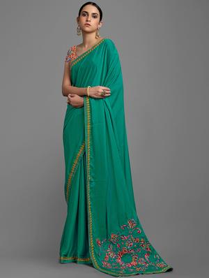 green georgette embroidered saree with blouse - 18221495 - Standard Image - 3