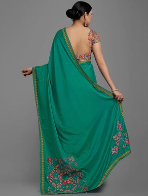 green georgette embroidered saree with blouse - 18221495 - Standard Image - 4