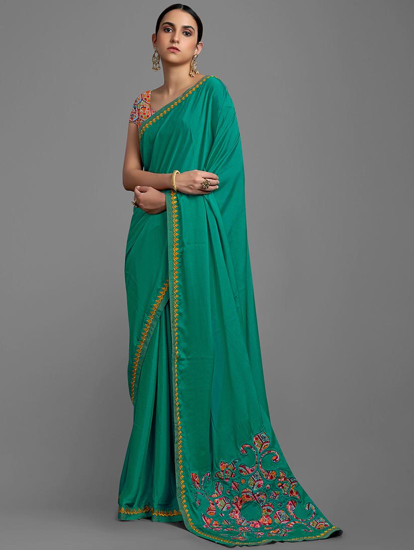 green georgette embroidered saree with blouse - 18221495 - Zoom Image - 3