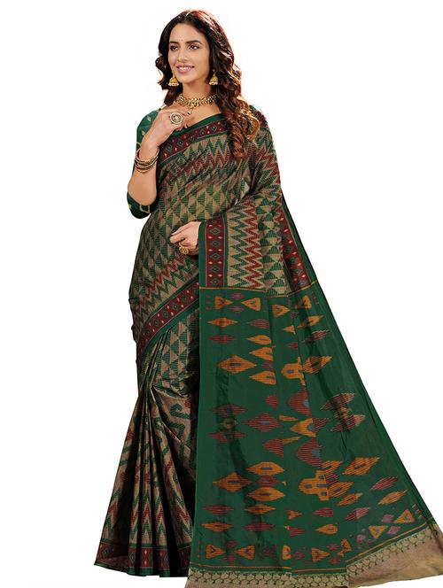 green cotton printed saree with blouse - 18224716 - Standard Image - 1