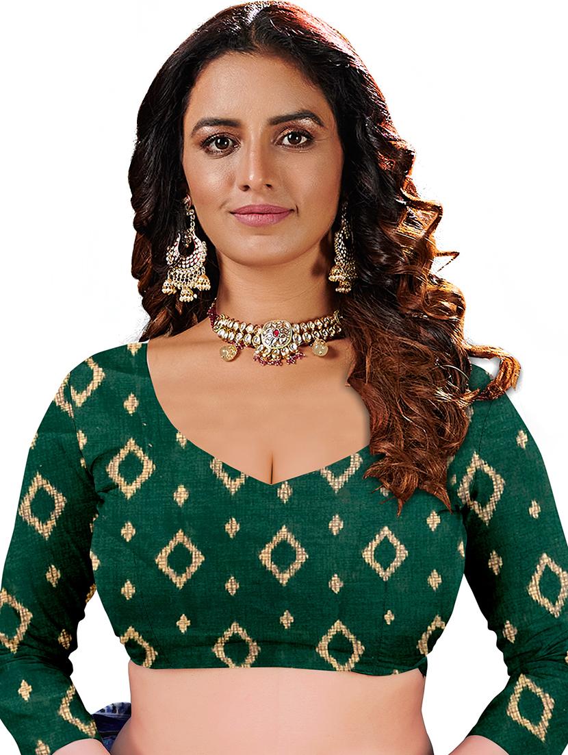 green cotton printed saree with blouse - 18224716 - Zoom Image - 5