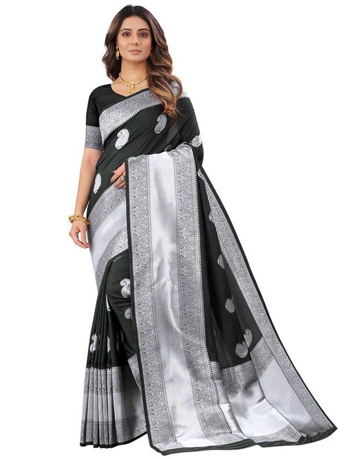 black silk blend kanjivaram saree with blouse - 18227706 - Standard Image - 1