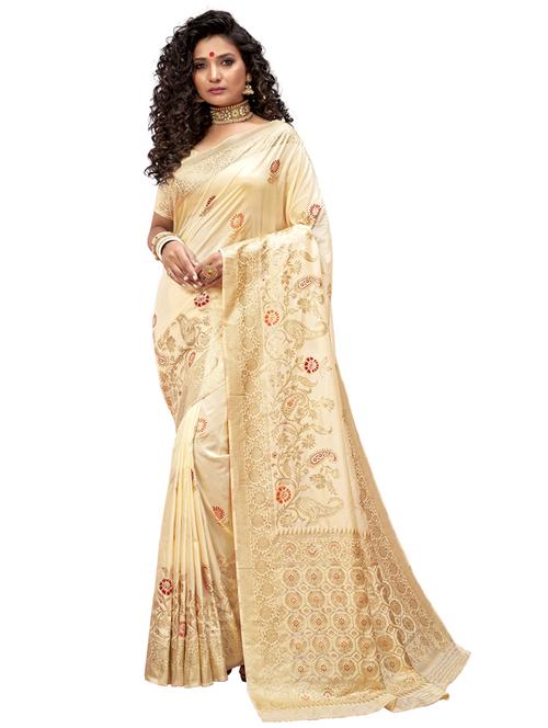 white silk blend woven saree with blouse - 18228397 - Very Small Image - 1