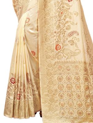 white silk blend woven saree with blouse - 18228397 - Standard Image - 2