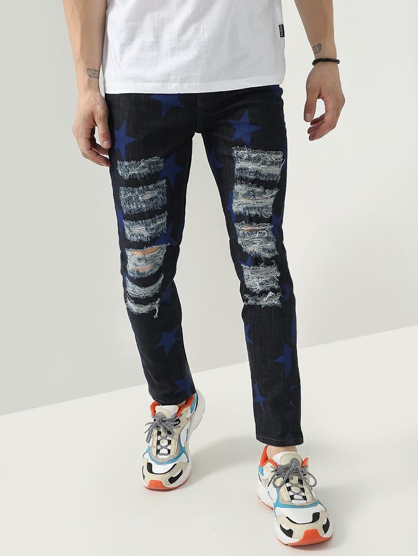 dark-blue ripped and printed denim jean - 18230276 - Zoom Image - 1