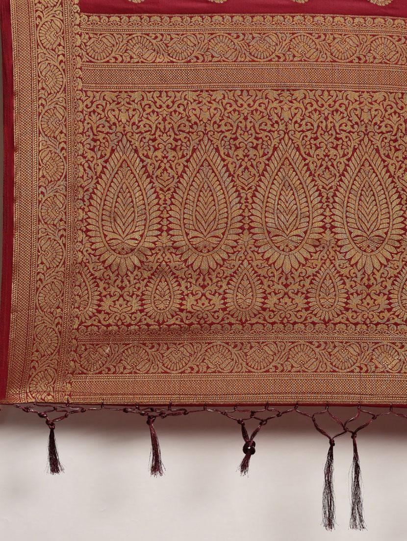 maroon silk blend woven saree with blouse - 18230749 - Zoom Image - 6