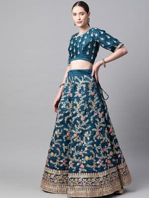 blue raw silk aline lehenga - 18231052 - Standard Image - 2