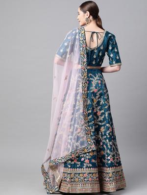 blue raw silk aline lehenga - 18231052 - Standard Image - 3