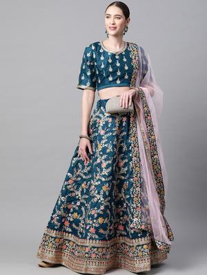 blue raw silk aline lehenga - 18231052 - Standard Image - 4