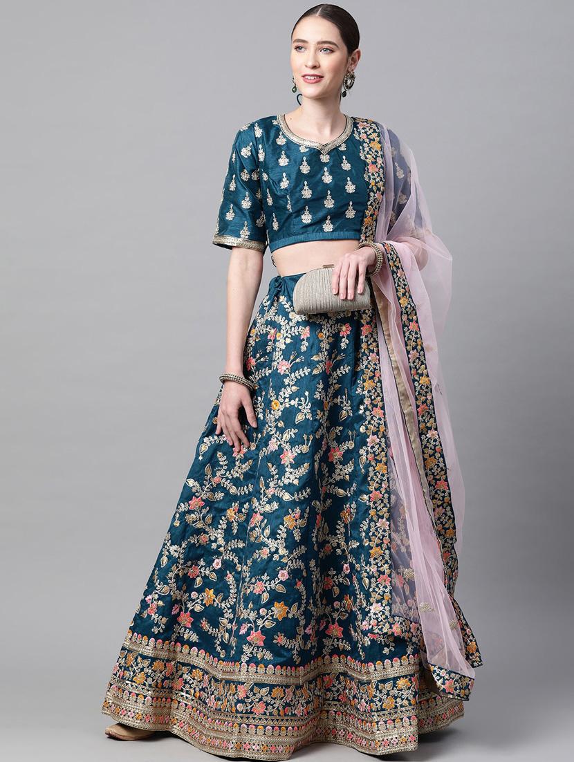 blue raw silk aline lehenga - 18231052 - Zoom Image - 4