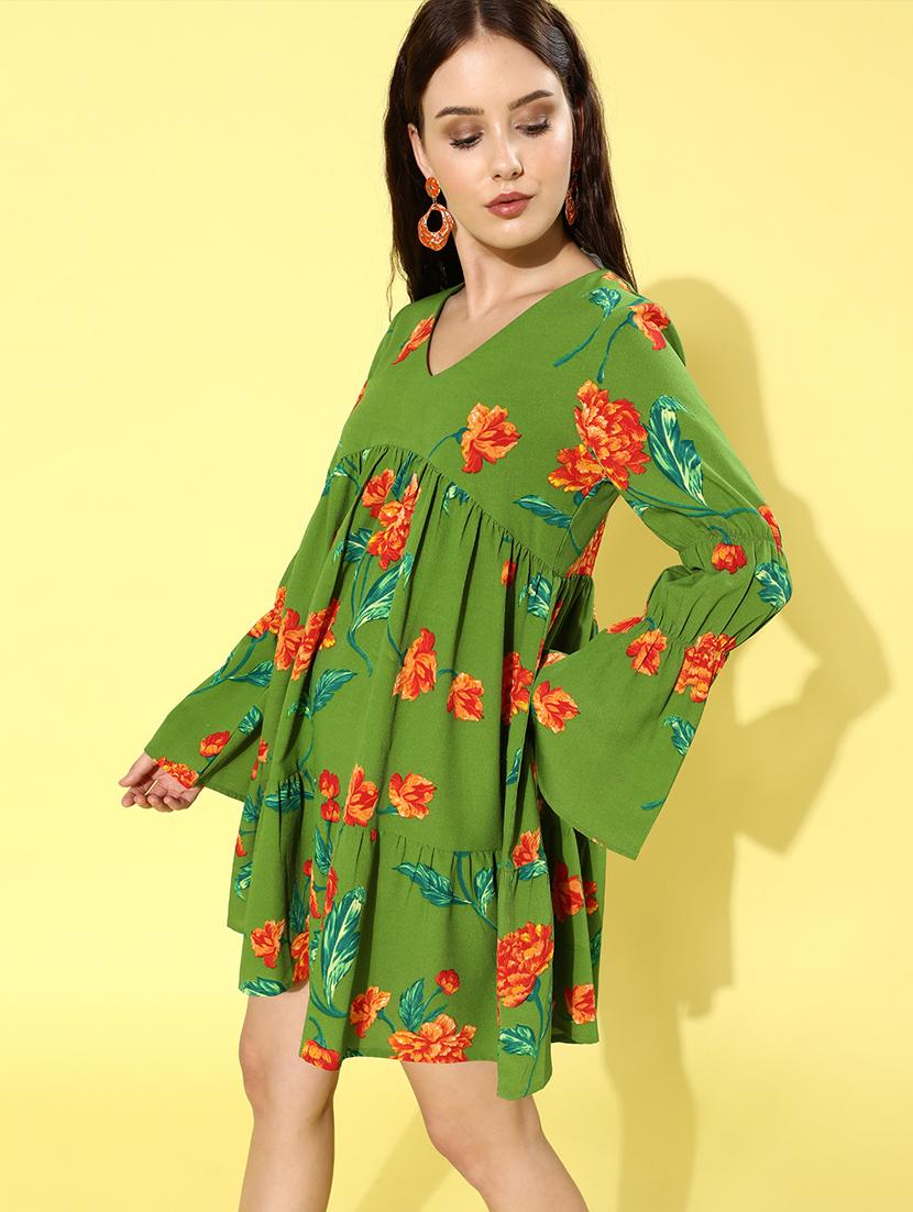 bell sleeved floral fit & flare dress - 18231653 - Zoom Image - 2
