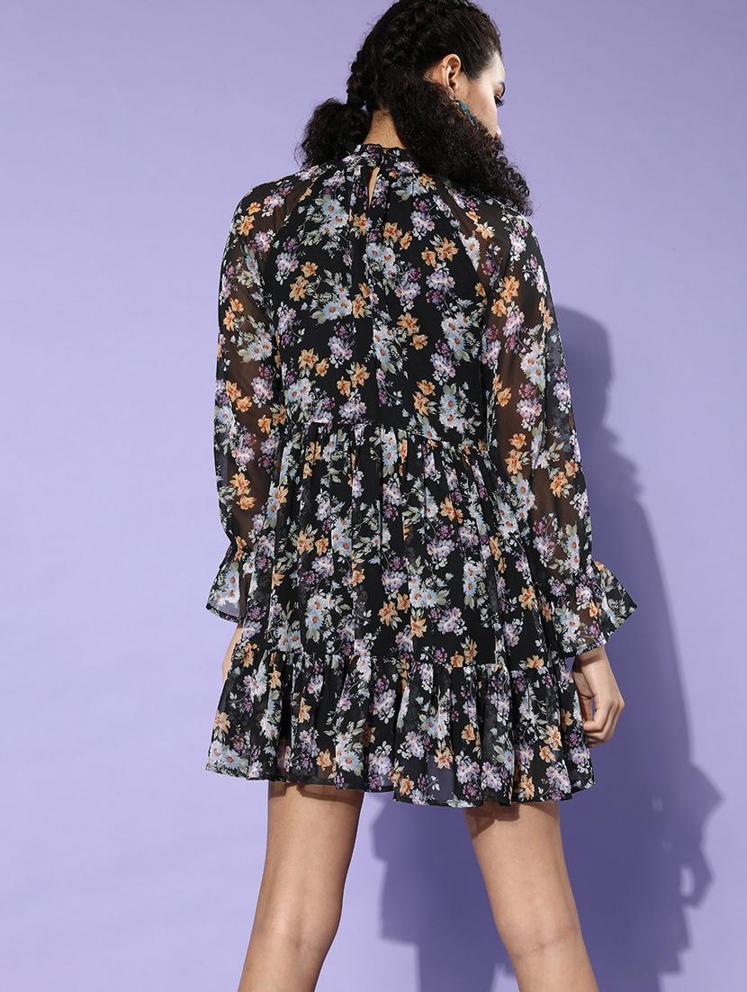 mock neck floral fit & flare dress - 18231656 - Zoom Image - 3