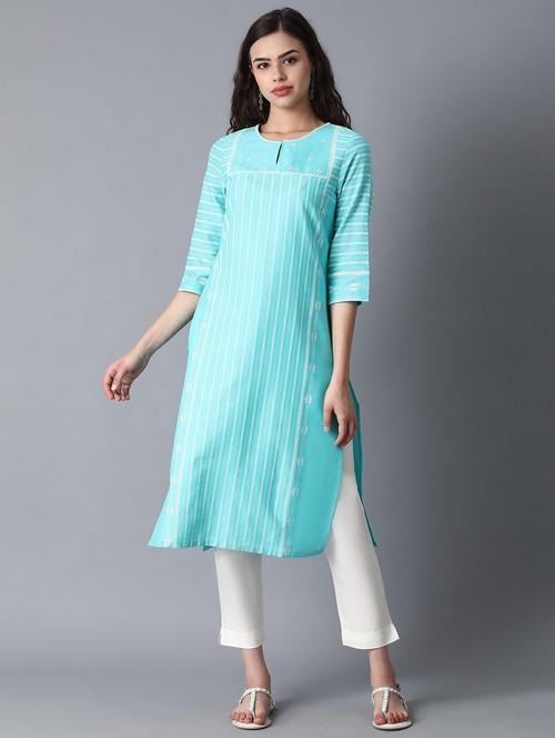 green cotton blend straight kurta - 18231917 - Standard Image - 1