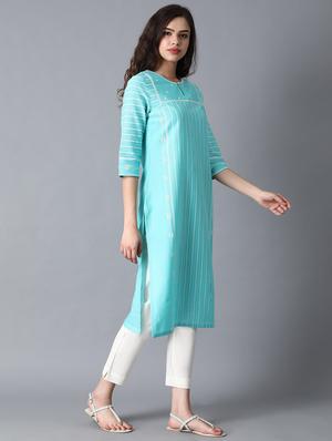 green cotton blend straight kurta - 18231917 - Standard Image - 2