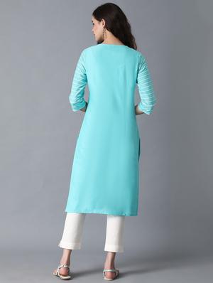 green cotton blend straight kurta - 18231917 - Standard Image - 3