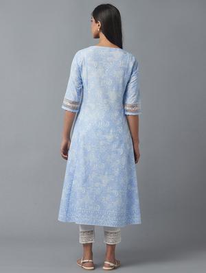 blue cotton flared kurta - 18231934 - Standard Image - 3