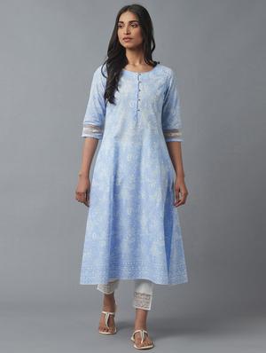 blue cotton flared kurta - 18231934 - Standard Image - 4