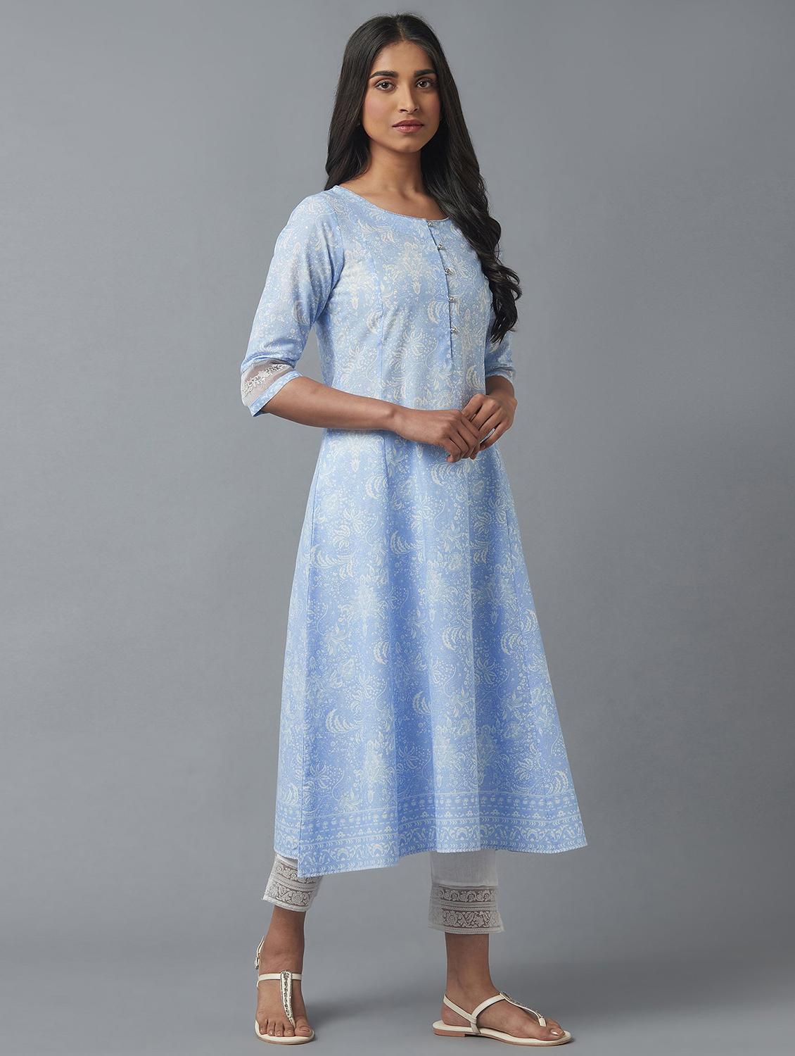blue cotton flared kurta - 18231934 - Zoom Image - 2
