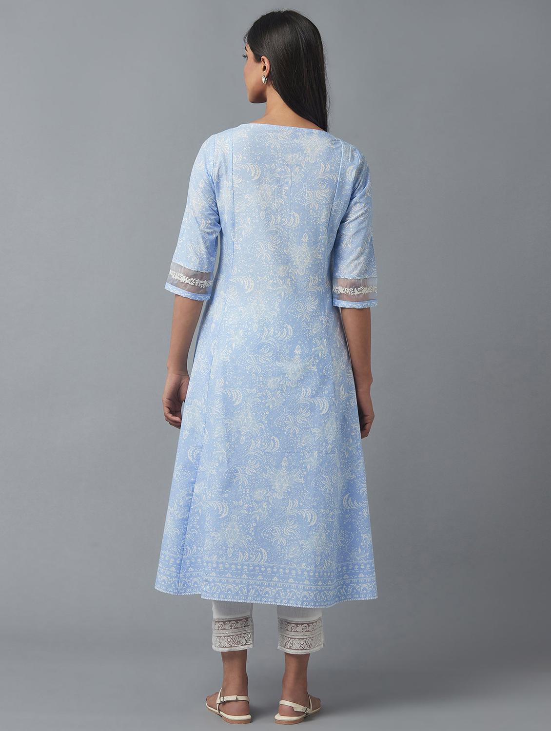 blue cotton flared kurta - 18231934 - Zoom Image - 3
