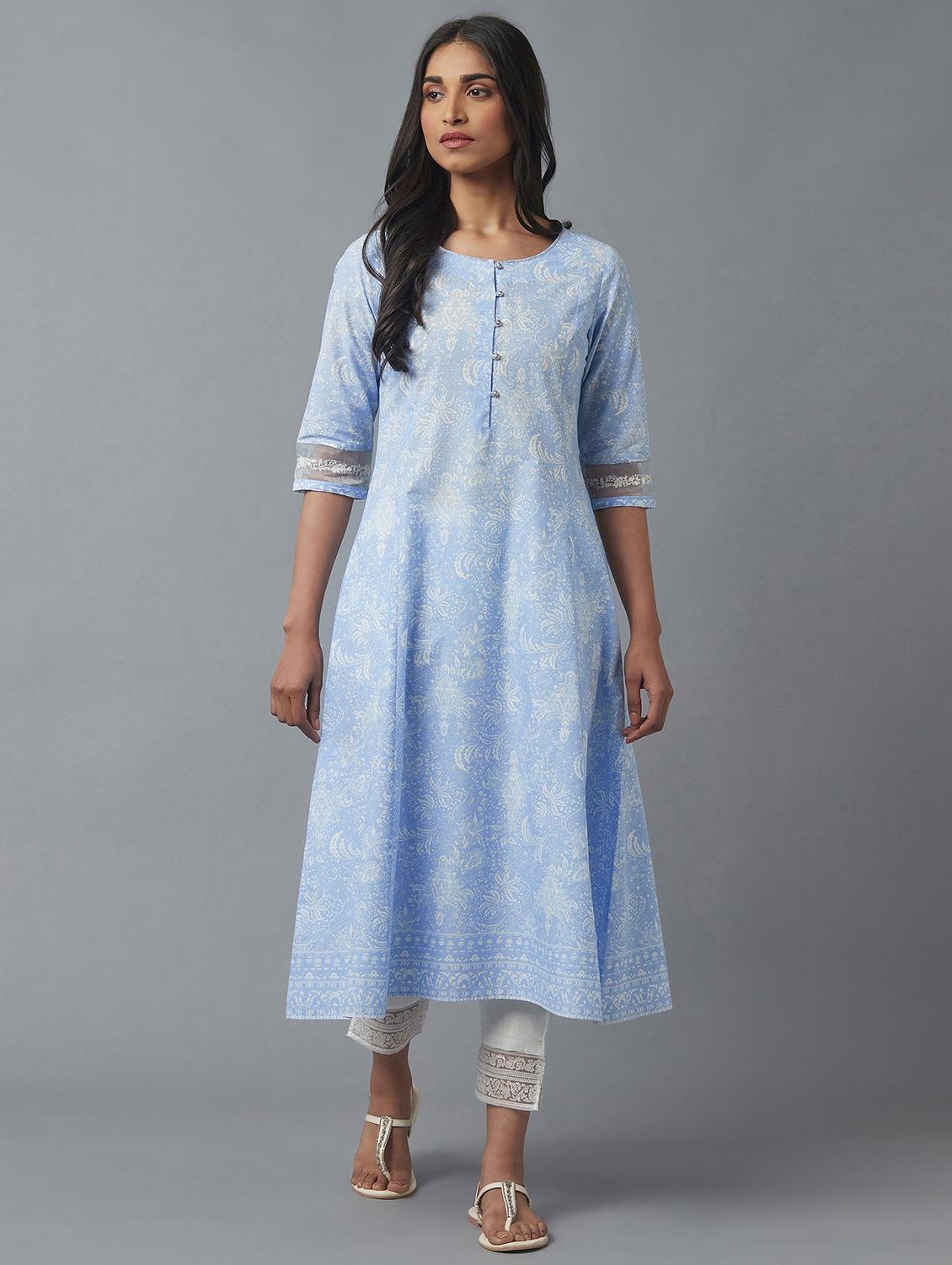 blue cotton flared kurta - 18231934 - Zoom Image - 4