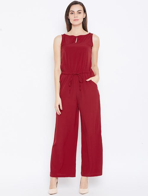 key hole neck solid full leg jumpsuit - 18232553 - Standard Image - 1